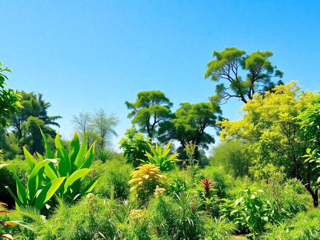 Peisaj verde luxuriant cu plante diverse.