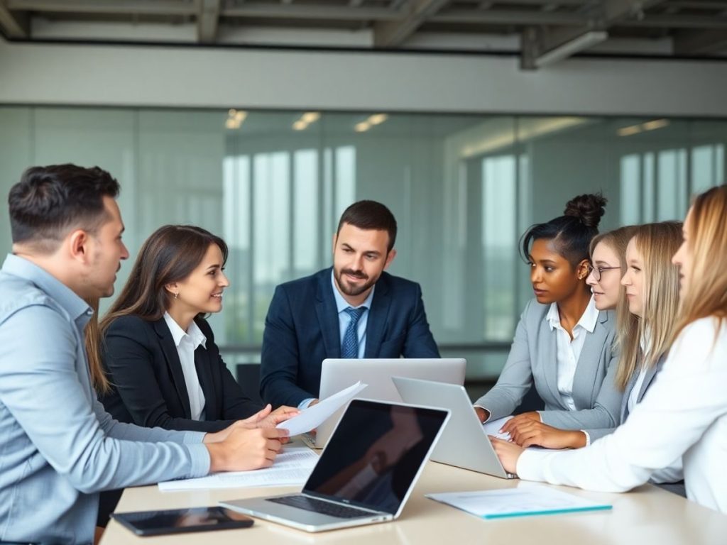 Consultant discutând cu o echipă de afaceri diversă