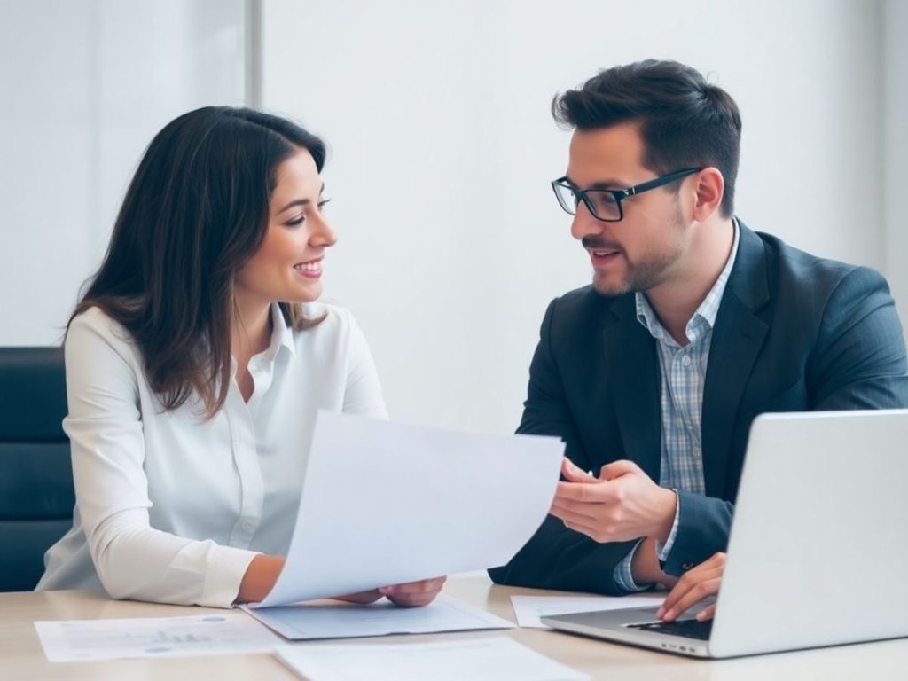 Consultant financiar discutand cu clientul in birou.