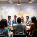 Profesioniști colaborând într-un birou internațional diversificat.
