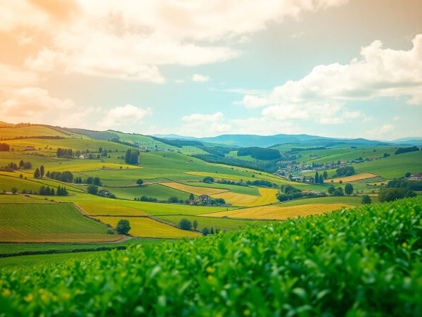 Peisaj rural din România, cu coline verzi și ferme.
