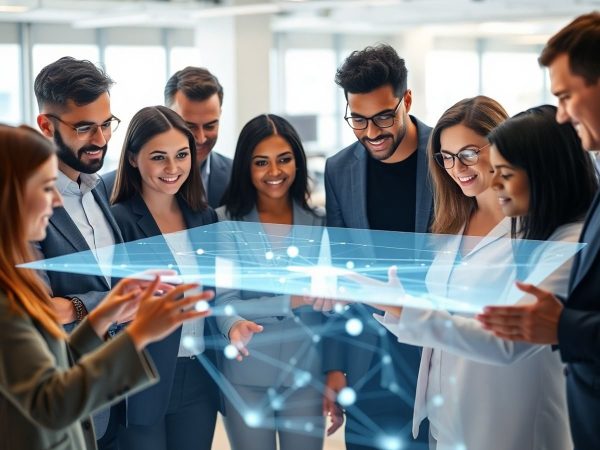 Oameni colaborând cu tehnologie digitală, plină de culoare