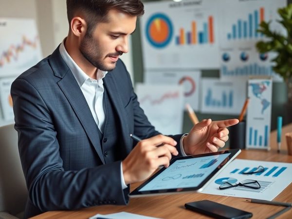 Profesional în afaceri analizând date pentru managementul riscurilor.
