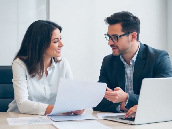 Consultant financiar discutand cu clientul in birou.