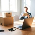 Antreprenor zâmbitor ținând un colet în birou luminos, modern e-commerce