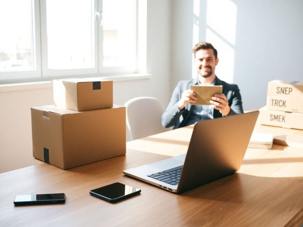 Antreprenor zâmbitor ținând un colet în birou luminos, modern e-commerce