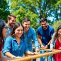 Echipa zâmbind, colaborând, construind legături puternice, activități în aer liber.