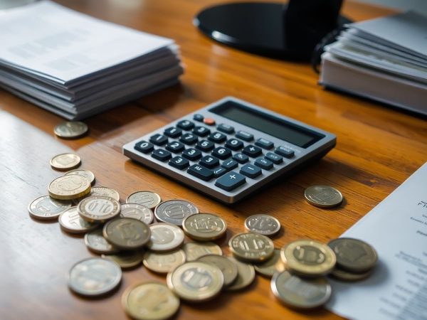 Un calculator, monede și documente financiare pe un birou.